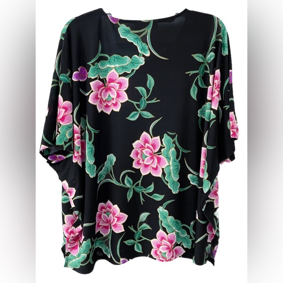 Natori Womens M Black Pink Floral Batwing Kimono Sleeve Oversized Blouse Top - Picture 6 of 10